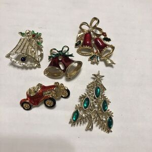 Vintage TANCER‎ II CHRISTMAS TREE PIN Green & White Rhinestones & 4 Pins